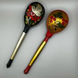 Lot Of 2 Vintage Khokhloma Russian Wooden Lacquer Hand Painted Spoons Black Gold